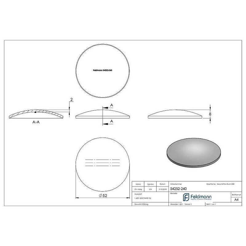 Domed bowl Ø 52x2.0mm, H: 8mm, AISI304