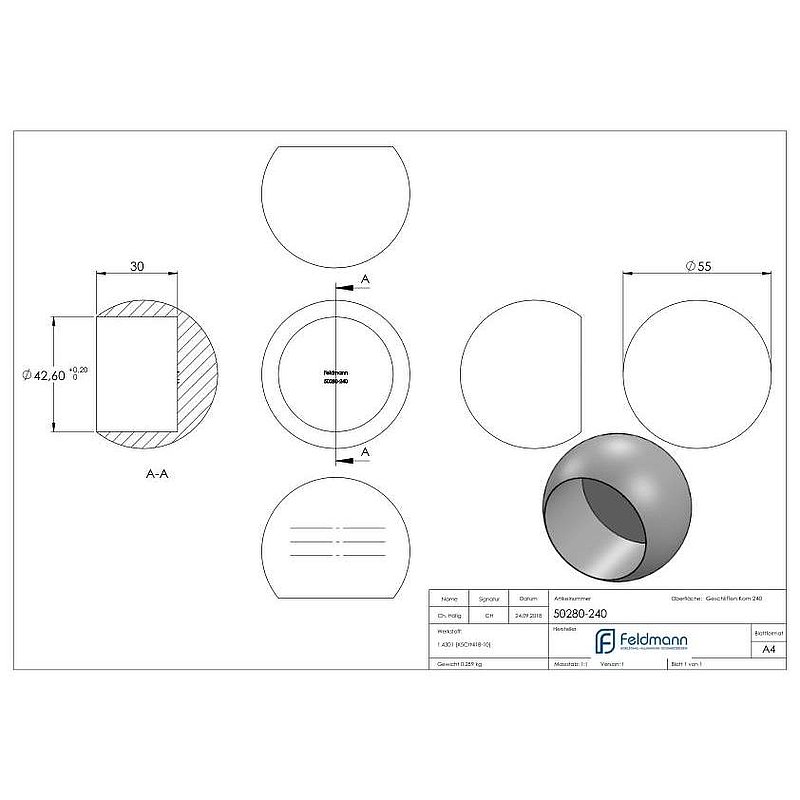 Rohrabschlusskugel, für Rohr 42,4mm, Ø 55mm, V2A