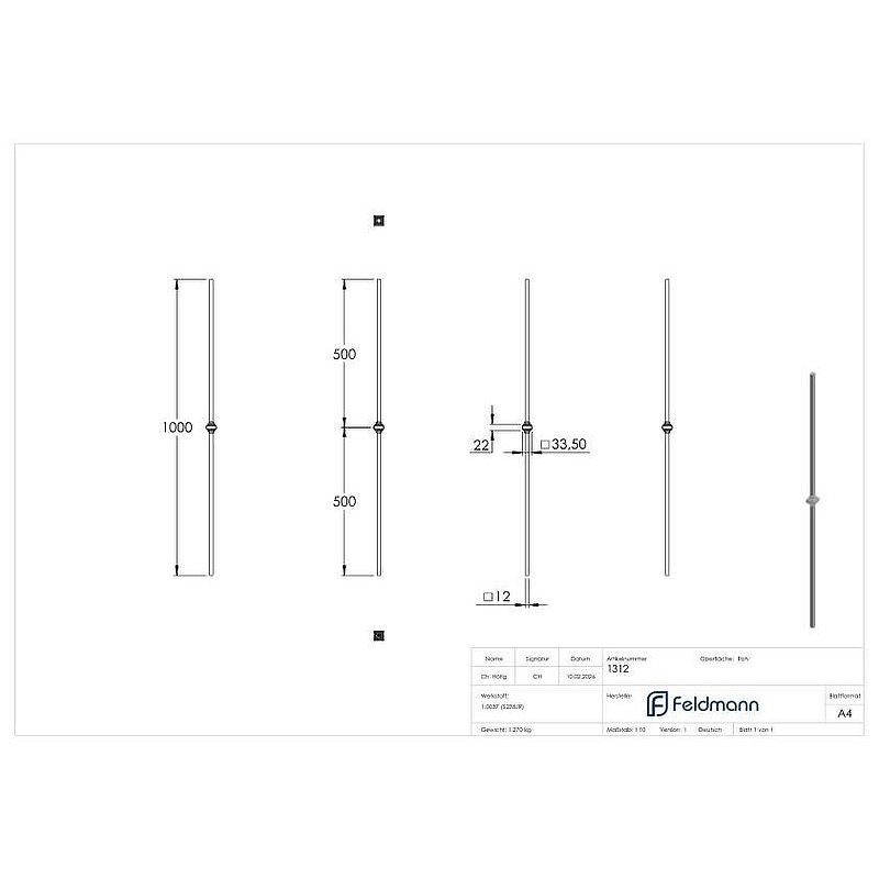 Stab 12x12mm glatt, Länge 1000mm