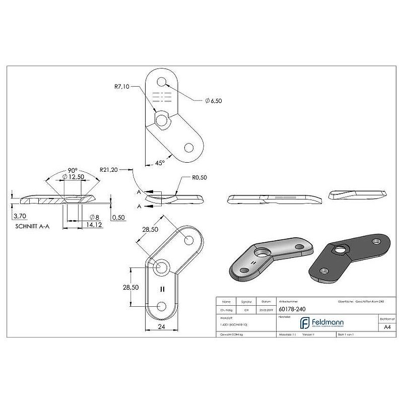 Plaque de raccordement de mains courantes 135°, 42,4mm, V2A