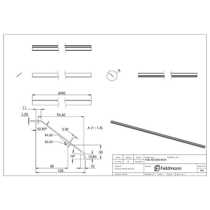 Design cover for eleganza canopy, L: 6000mm, raw aluminium