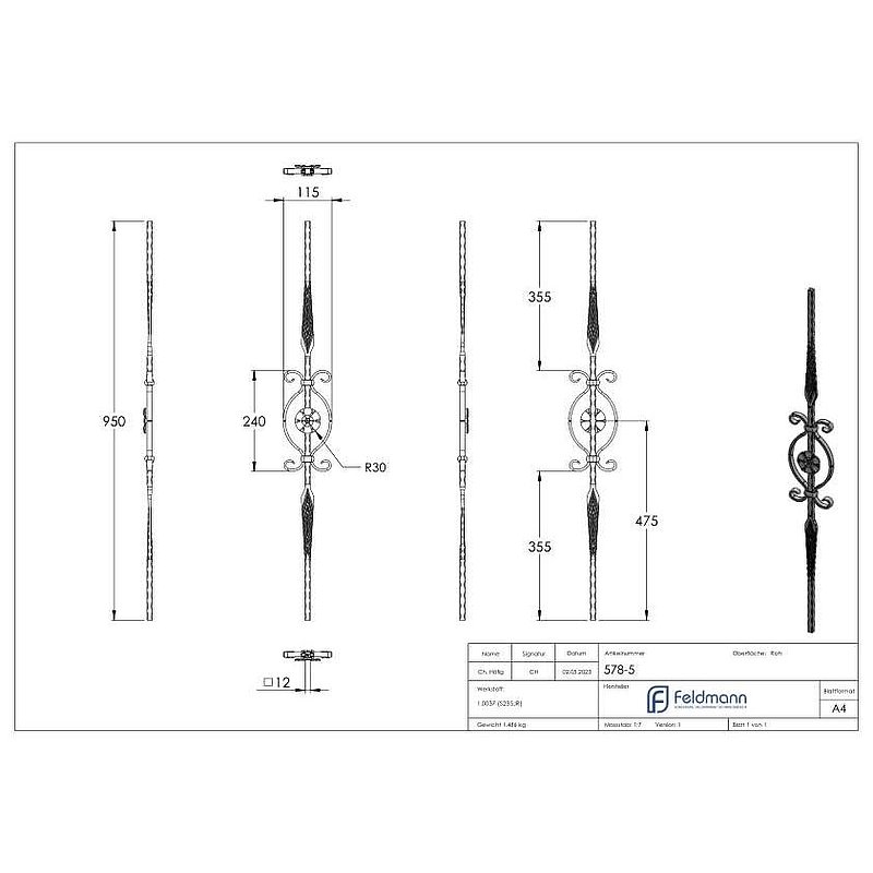 Zierstab 12x12mm, geschmiedet, H: 950mm