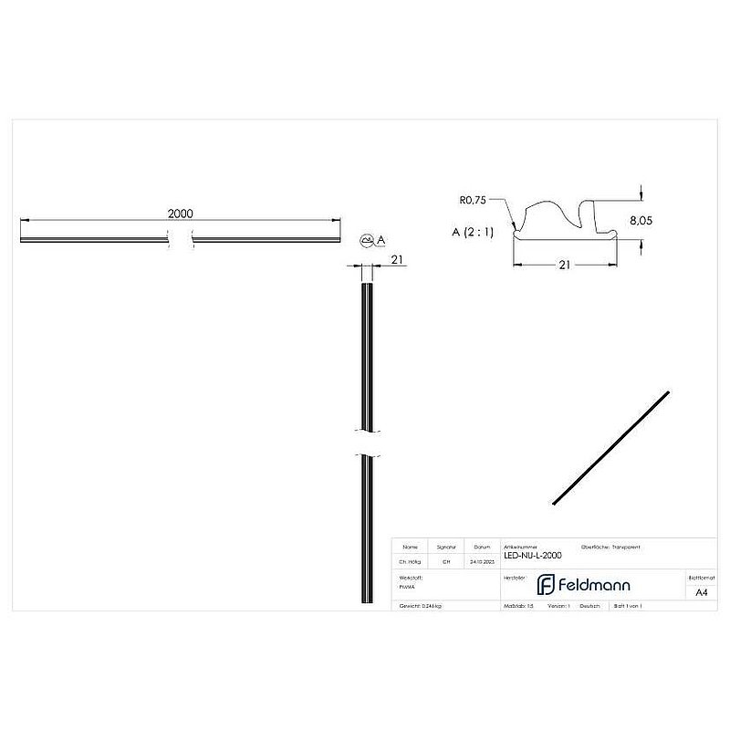 LED groove tube LUNORA® Lens for directional light distribution, for insertion into cover, L: 2000mm