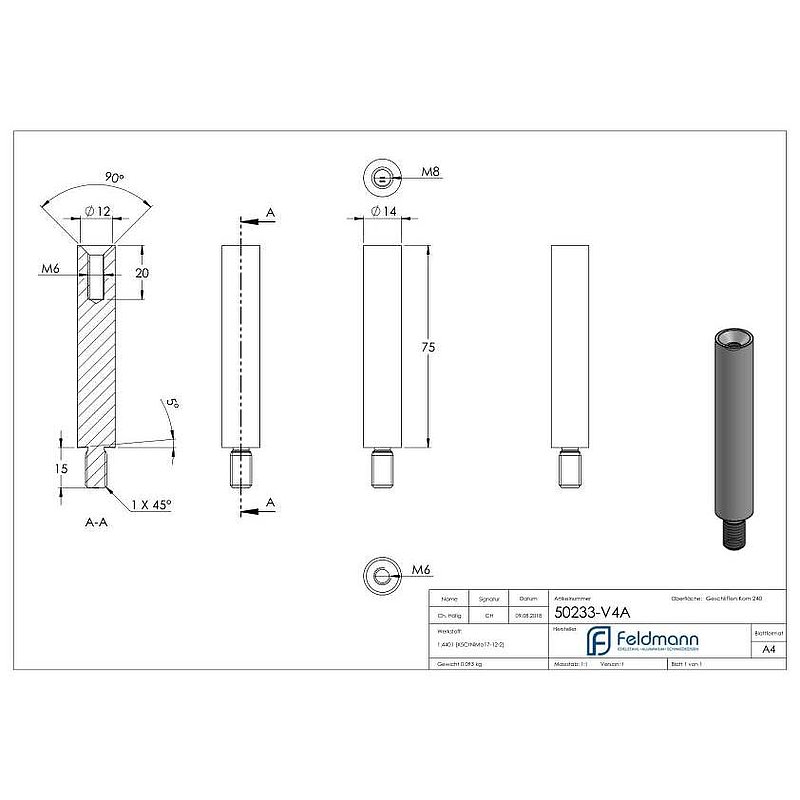Stift Ø 14mm, L: 75mm, V4A