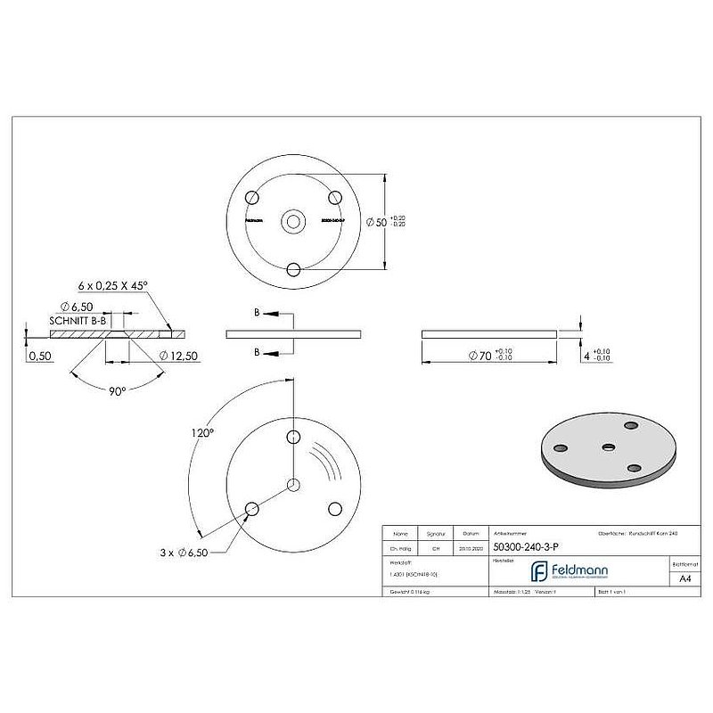 Ronde, Ø 70x4mm, mit Rundschliff, V2A