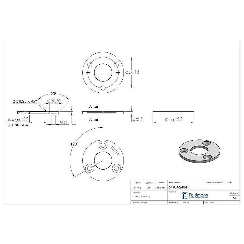 Plaque d'ancrage Ø 100x6mm, avec ponçage circulaire, V2A