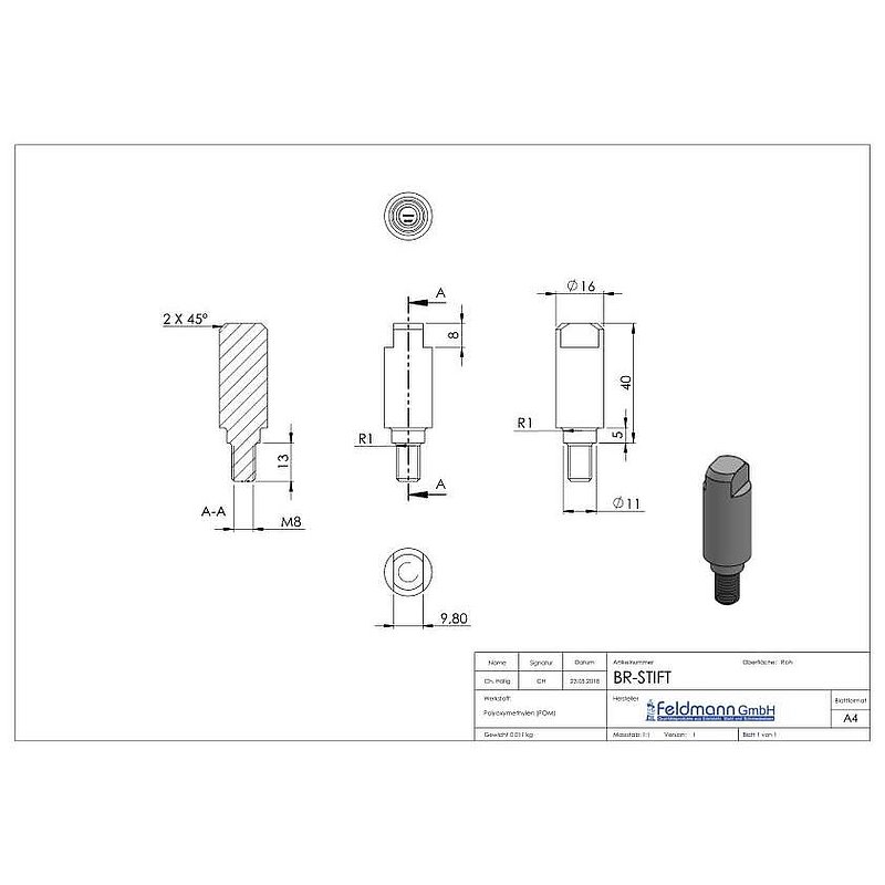 Stift zur Montagehilfe für Platten, POM
