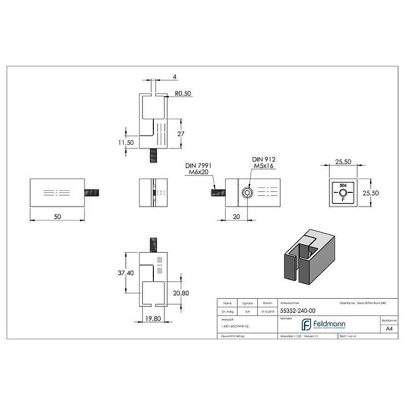 Holder for square clamping profile 20x20mm, connection: straight, AISI304