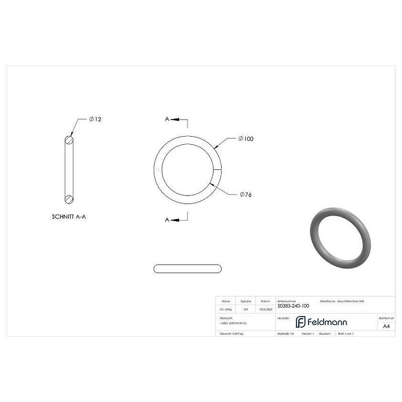 ring made in Ø12mm, outer-Ø100mm, AISI304