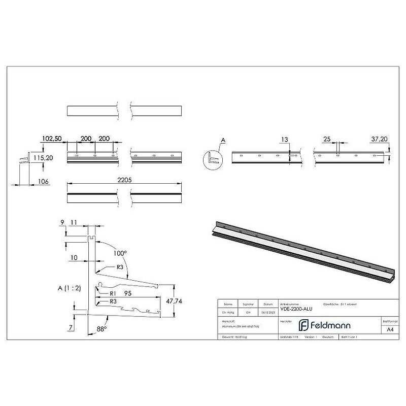 Vordachprofil eleganza canopy, L: 2205mm, E4/EV1
