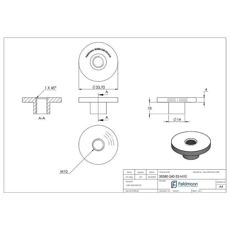 Embout pour tube Ø 33,7mm, à souder, V2A