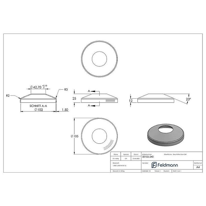 cover rosette conical, 105x25mm, with 43mm hole, AISI304