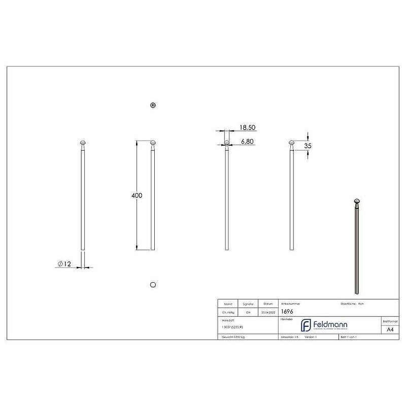 Zaunstab Ø 12mm, H: 400mm, konisch mit Knopf halbrund