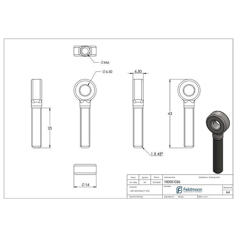 Eye ends with M6 thread, AISI316
