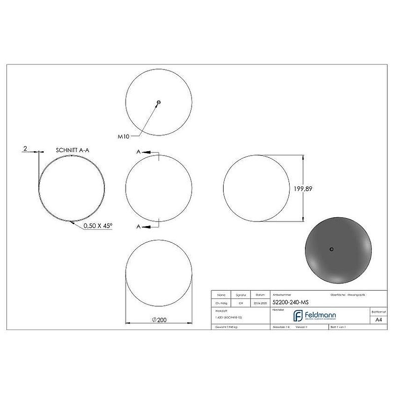 Boule laiton creuse Ø 200mm avec M10