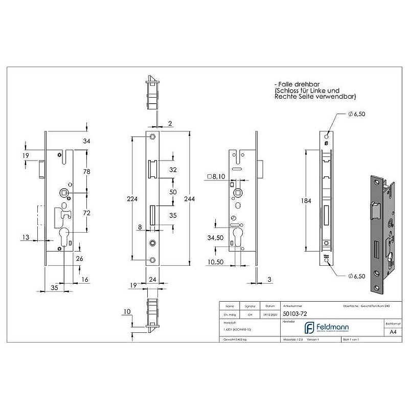 Galvanised tubular frame lock, spacing 72 mm galvanised, backset 35 mm