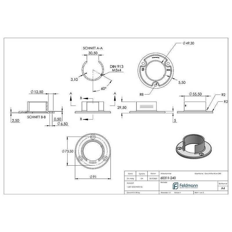 Embase murale pour tube à fond de gorge Ø 48,3mm, V2A