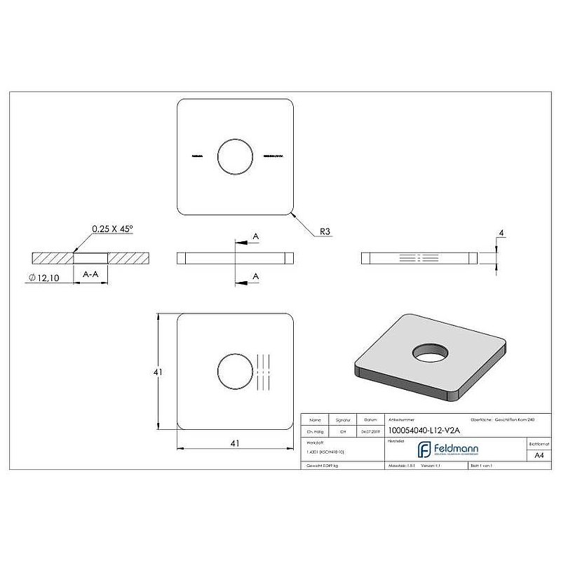 Push-in cap for square tube 40x40 with hole, AISI304