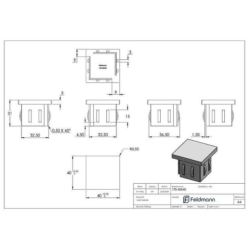 Steel end cap, for square tube 40x40mm