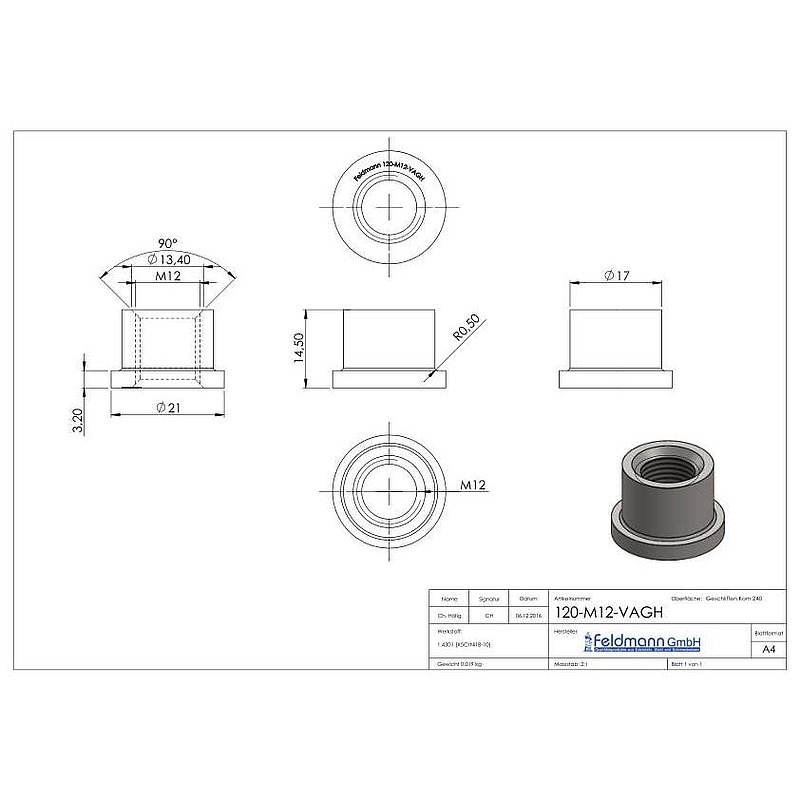 Gewindehülse, passend zu Torband 120-M12-VA , V2A