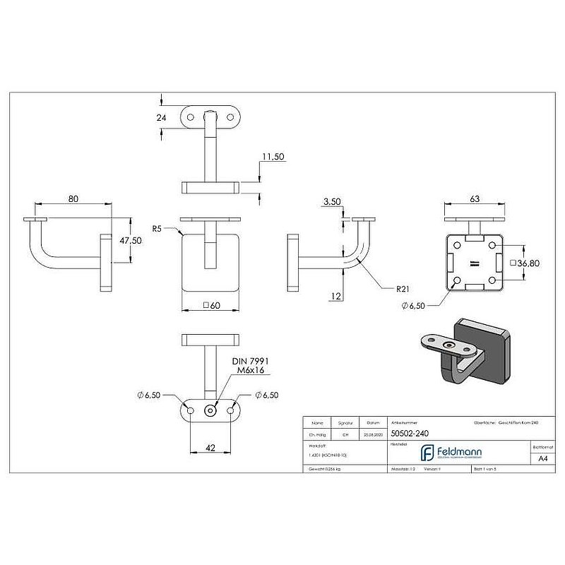 Handrail bracket with flat handrail connection plate (round plate and bracket welded), AISI304