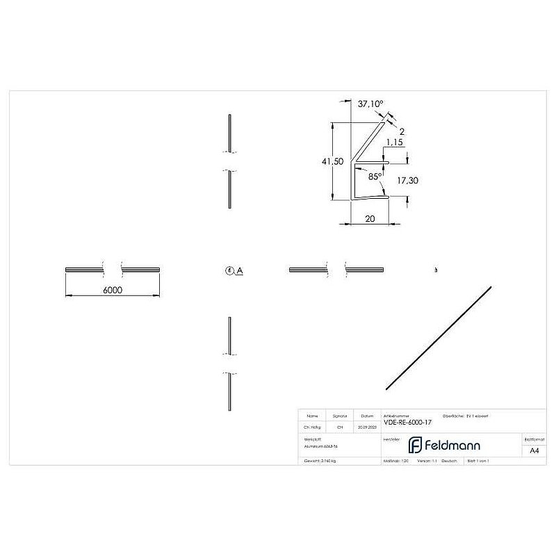 Gouttière pour auvent en verre de 17,52mm, L: 6000mm, E4/EV1