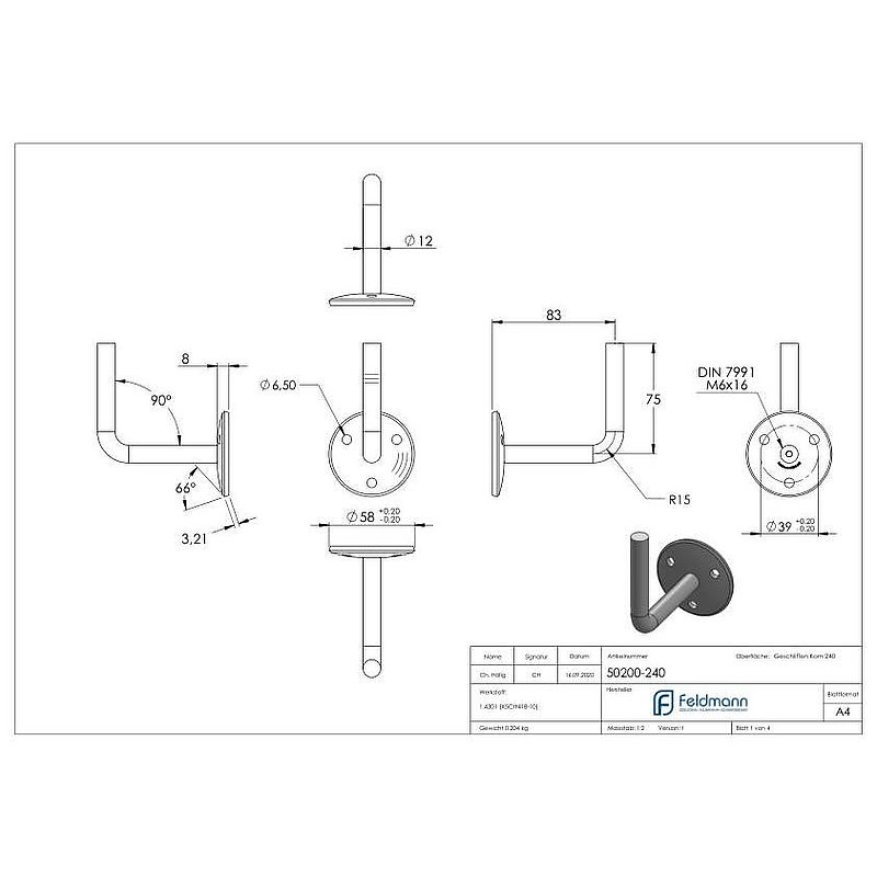 Handrail bracket for welding (round plate and bracket screwed together), AISI304