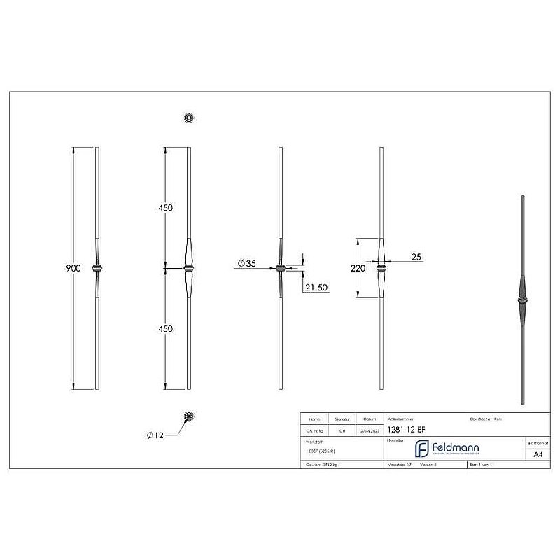 Zierstab Ø 12mm, glatt, H: 900mm