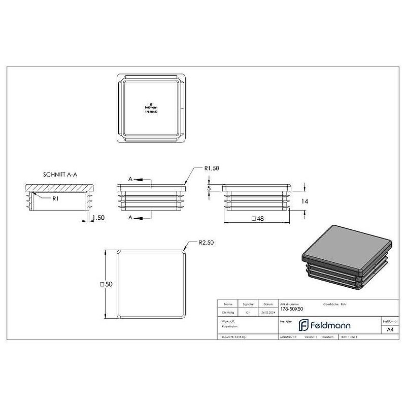 Bouchon plastique pour tube carré 50x50mm