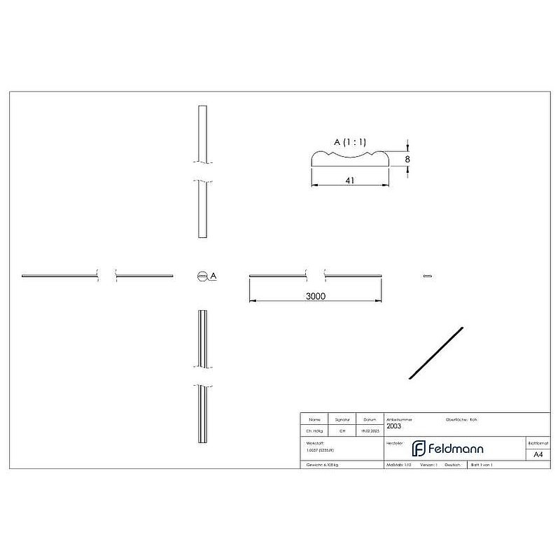 Handrail S235JR, 40x8mm, L: 3000mm
