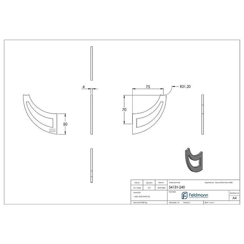 Handrail blade, 4mm thick, AISI304