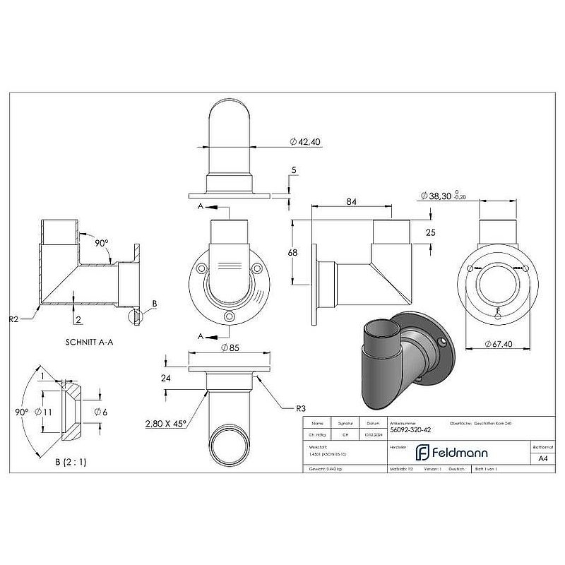 Wandhalter 90° für Rohr 42,4x2,0mm, V2A