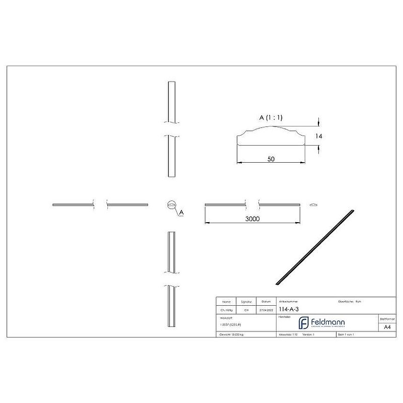 Handlauf S235JR, 50x14mm, L: 3000mm