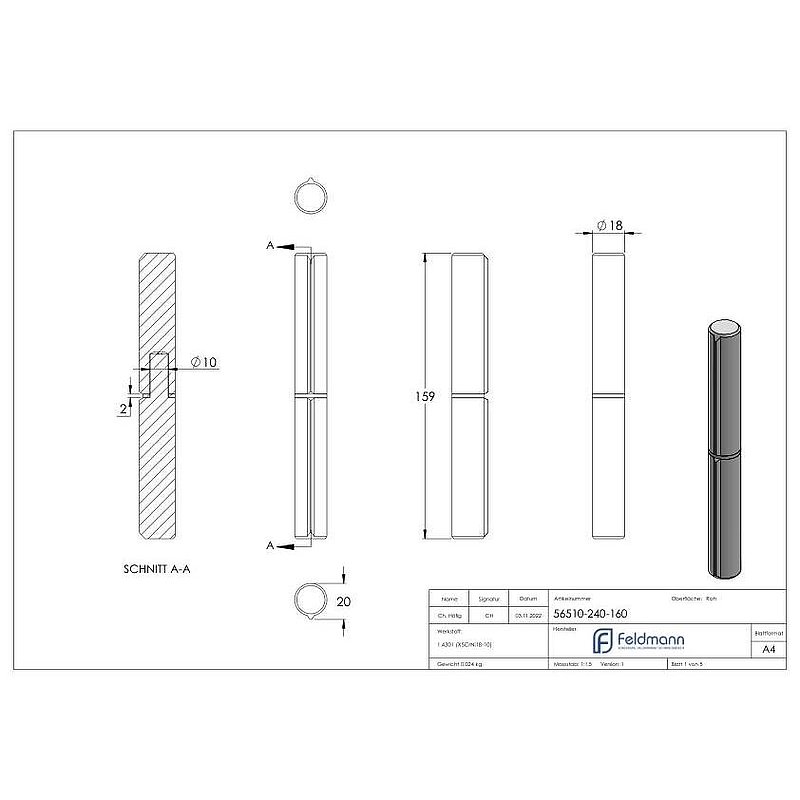 Anschweißband, L: 160mm, mit festem Stift, V2A
