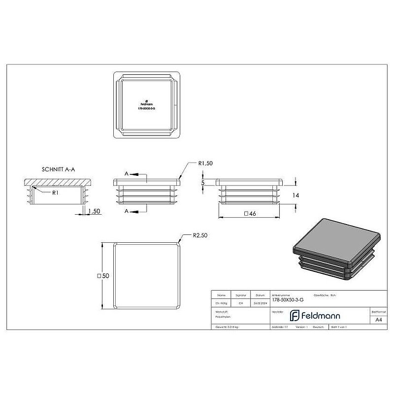 Kunststoffkappe für Quadratrohr 50x50mm