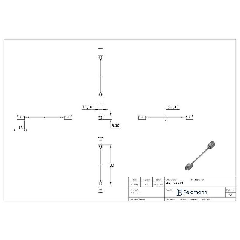 Connecteur de bande LED avec câble de connexion, pour bande LED IP00