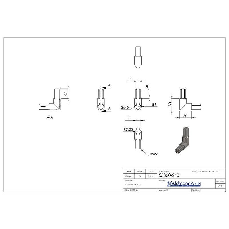 Eckverbinder für rundes Klemmprofil 18x1,25 mm, V2A