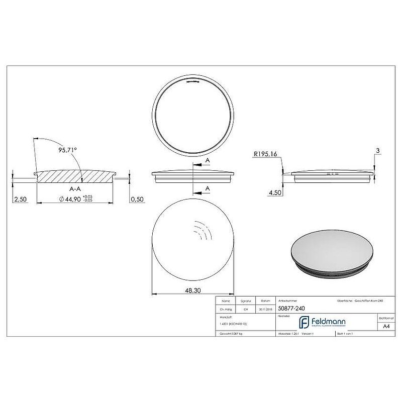 Rohrabschlussstopfen, für Rohr 48,3x2,0mm, V2A