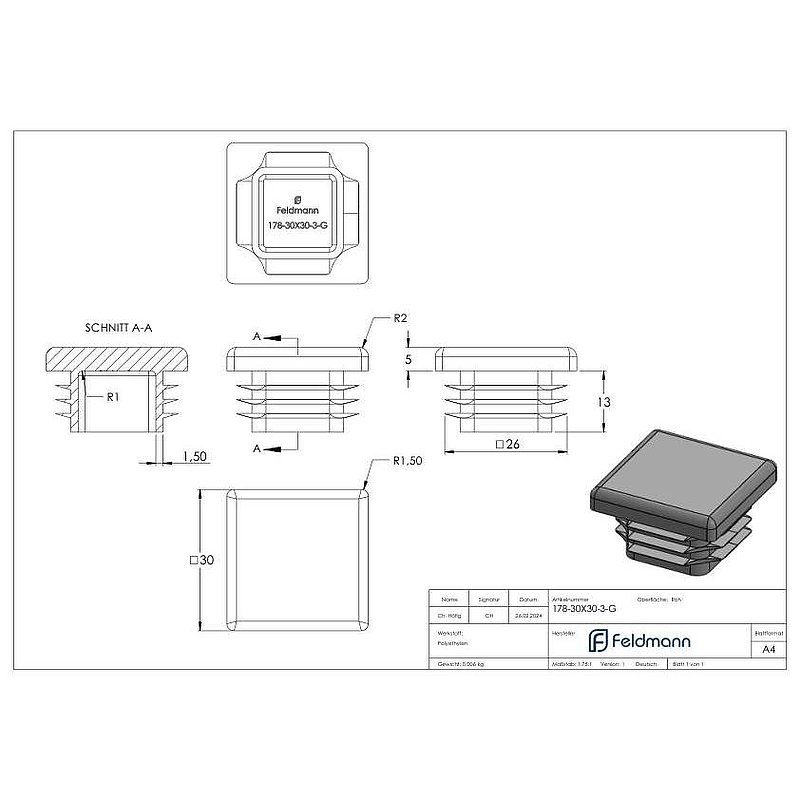 Kunststoffkappe für Quadratrohr 30x30mm