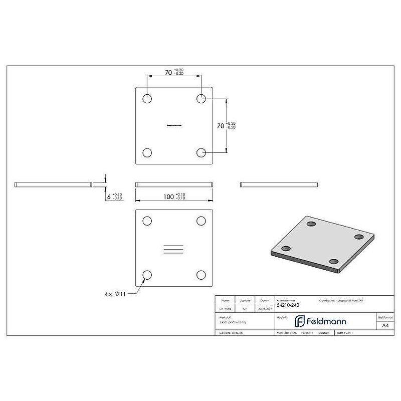 Anchor plate, 100x100x6mm, with longitudinal grinding, AISI304