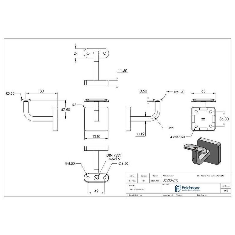 Handrail bracket with handrail connection plate and cover rosette (round plate and bracket welded),