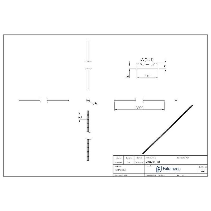 Hespeneisen S235JR, 30x8x4mm, L: 3000mm