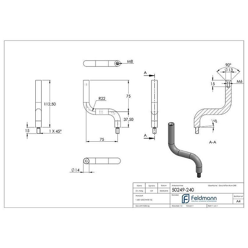 Étrier Ø 14mm, 2x courbé à 90°, V2A