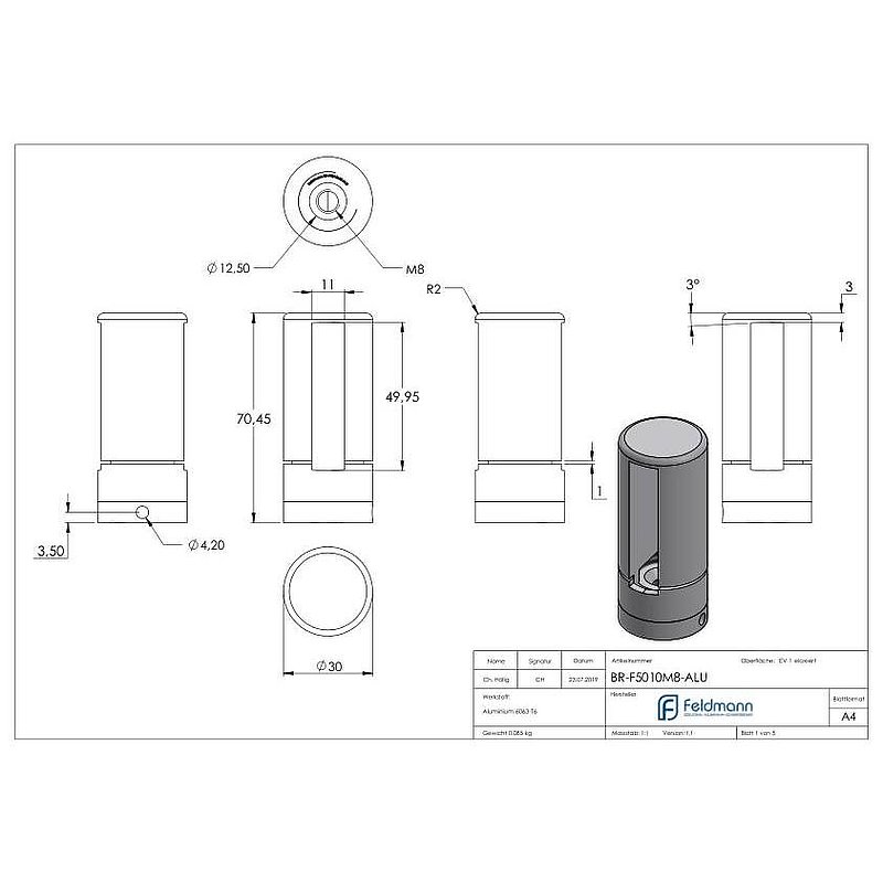 Brenk base holder for flat bars 50x10mm, ALU