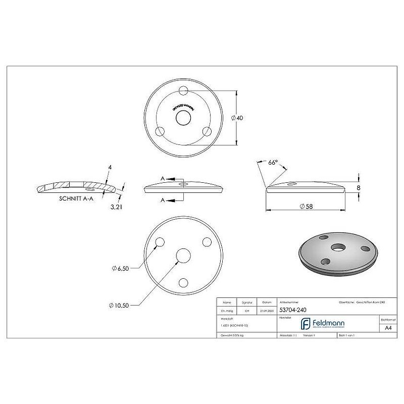 Round plate Ø 58x4mm, domed, with round cut, AISI304