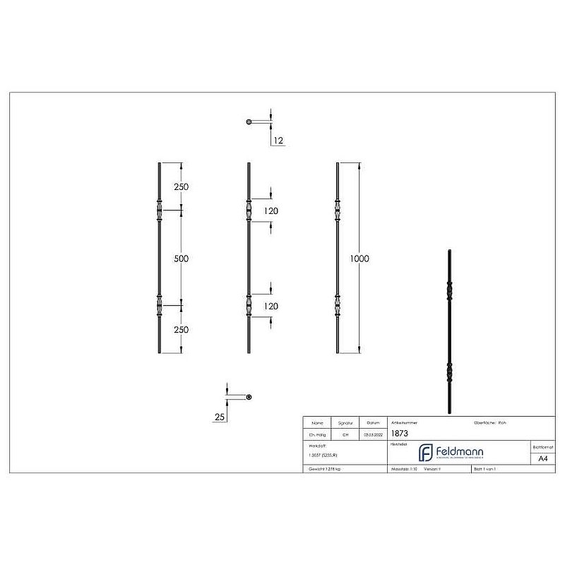 Zierstab 12mm, gehämmert, H: 1000mm