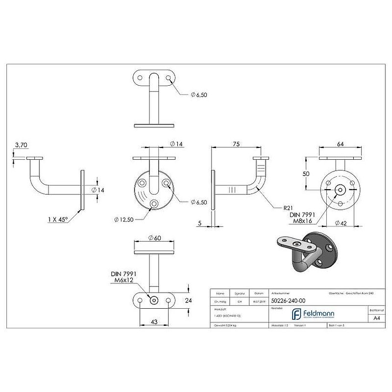 Handlaufhalter ohne Kabeldurchführung für LED Handläufe, Vollmaterial, V2A