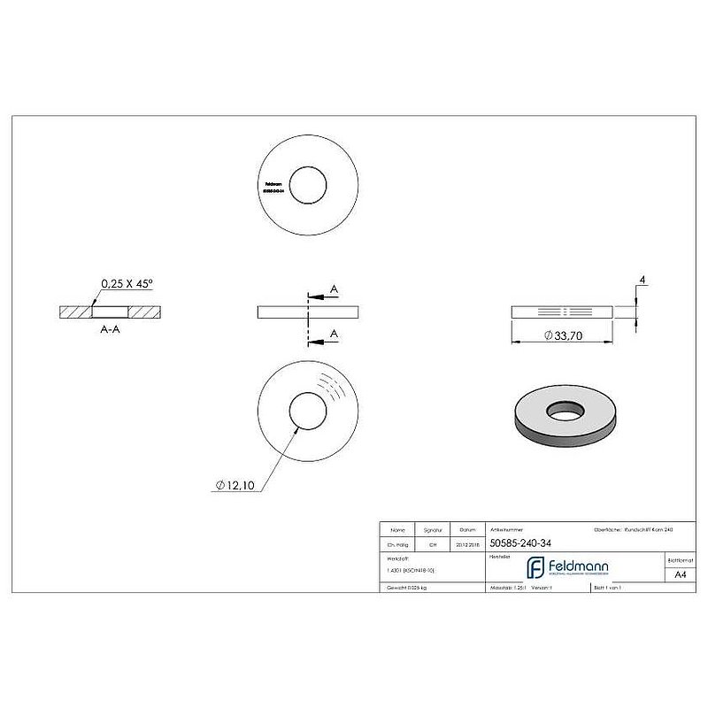 Plate, Ø 33.7mm, for welding on, AISI304