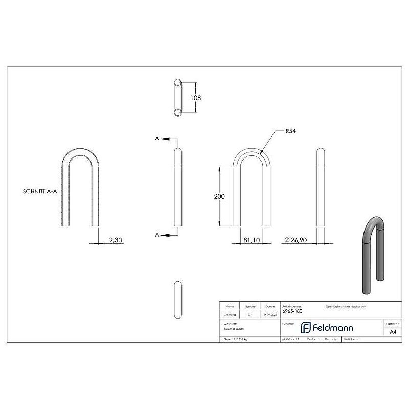 Stahl-Rohr-Bogen 180°, 26,9x2,3mm