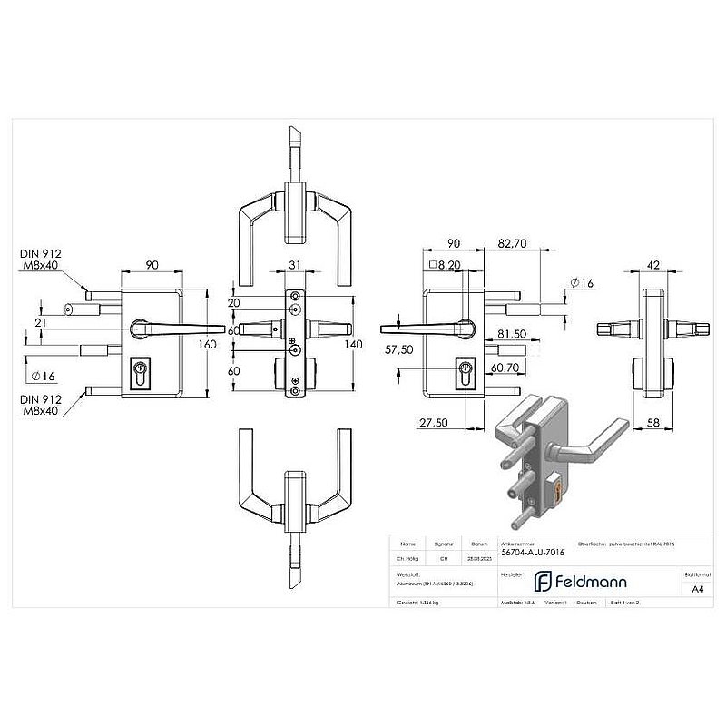 grille gate lock GTS 2 for tube thickness 60-80mm, housing RAL 7016